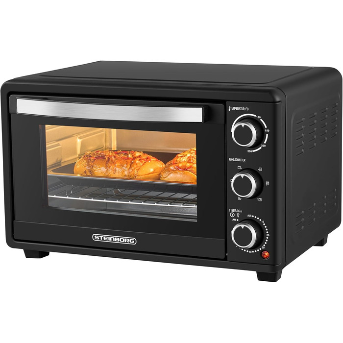 Міні-піч Steinborg 25 л з конвекцією: піч, піца, хліб. Таймер, 100-230°C, зйомний піддон. Економне споживання енергії
