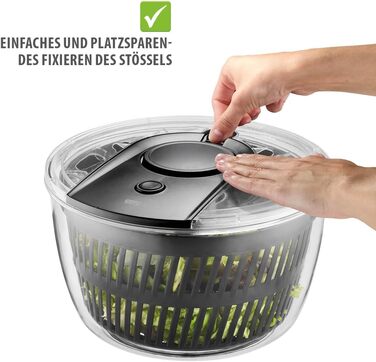 Салатниця-швидкообертач GEFU з кришкою для зберігання | 3л пластикова чаша з вбудованим ситом та ручним приводом | Чорний/Сірий колір