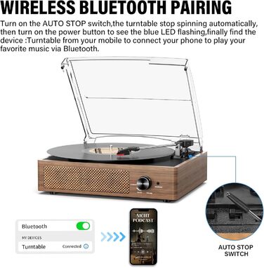 Вініловий програвач-ретро з Bluetooth, портативний програвач платівок з 3 швидкостями (33/45/78 об/хв), вбудованими стерео-динаміками, RCA виходом, AUX-входом, колір натурального дерева