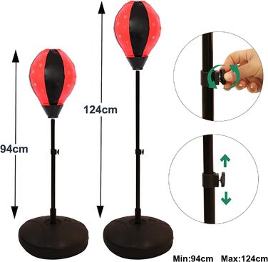 Боксерська груша Melko для боксу, тренувальна боксерська груша з регульованими боксерськими рукавичками, червоний, сріблясто-чорний, Діаметр м'яча 24 см