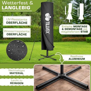 Прямокутна алюмінієва сонячна парасолька tillvex® 330 см з LED-підсвіткою, ручкою та чохлом, антрацит — підвісна садова парасолька з захистом від UV та вітру