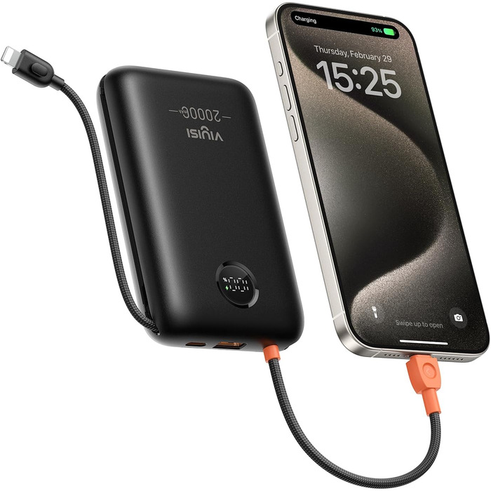 МАг, 30 Вт PD, кабель USB-C та Lightning, LED-дисплей, для iPhone, iPad, Galaxy (чорний), 20000