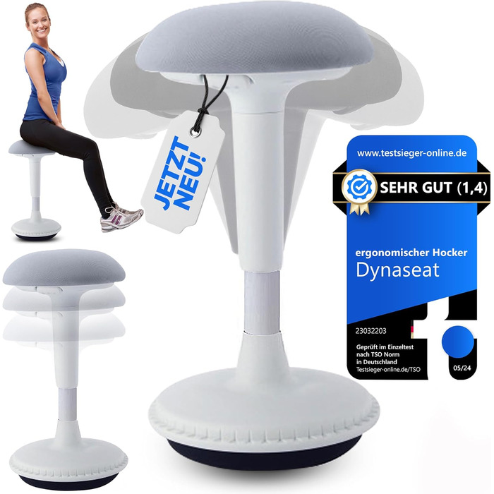 Ергономічний стілець Dynaseat з регулюванням висоти (45-65 см) - для сидіння та стояння, офісний, з ефектом гойдання, допомога при роботі стоячи, білий