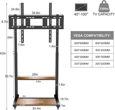 Підставка для телевізора Boden 40-100 дюймів з поличкою та колесами, VESA 800x600, до 100 кг