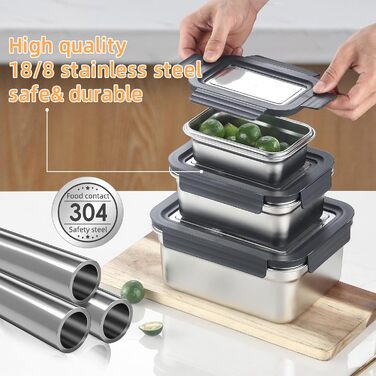 Набори контейнерів для їжі Misichao з нержавіючої сталі, герметичні, для кухні та комори, з можливістю штабелювання, багаторазові, об'єм 450 мл + 1100 мл + 2500 мл