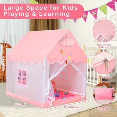 Дитячий намет-ліжко з ліхтариками та прапорцями, рожевий. Ідеально для гри вдома, для хлопчиків та дівчаток. Розміри: 47x40x51 см