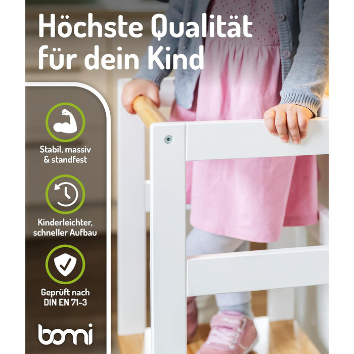 BOMI® Swubi Монтессорі навчальний столик-сходинка для дітей від 1 року | Дерев'яний триступеневий підсвічник | Навчальний столик для дитини та малюка | Сходинка, навчальне крісло як підсвічник, дерев'яна сходинка, дитячий стільчик білий натуральний біло-н