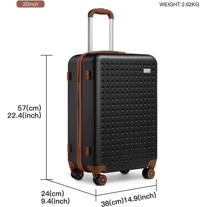 Чохол-валіза KONO, 57x38x24 см, 20 дюймів, ABS, TSA-замок, чорний