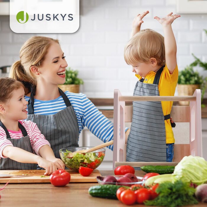 Стульчик-сходинка Juskys Lernturm Henny для дітей від 1 року, регульований, з захистом від перекидання, білий (рожевий)