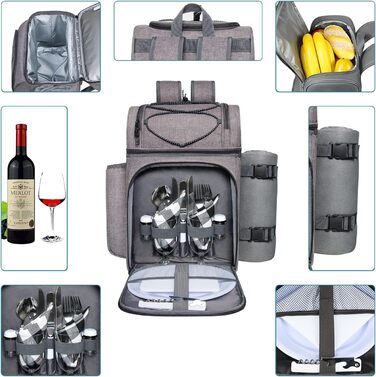 Набір для пікніка на 2 особи Hap Tim: рюкзак з аксесуарами, ковдра, столовий приладдя, сірий