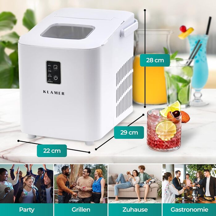 Льодогенератор KLAMER 24 кг/добу, 3 розміри кубиків льоду, 2.2л резервуар, 130W, білий