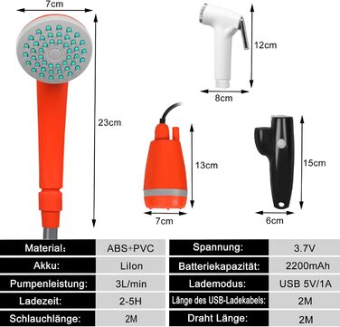 Кемпінговий душ UISEBRT з насосом Акумуляторна батарея - Портативний кемпінговий душ на відкритому повітрі з акумуляторним занурювальним насосом Ручний душ, USB-кабель для зарядки, для садового пляжу, кемпінгу, подорожей, автомийка, душ для собак, 2200 мА