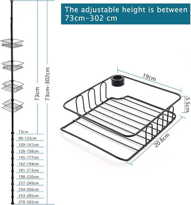 Телескопічна душова полиця HOUHA, душова полиця без свердління Металева кутова полиця з 4 кошиками, телескопічна полиця для ванної кімнати з регулюванням висоти 73-302см, душова полиця кутова для ванної кімнати, (чорна)