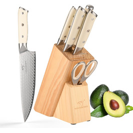 Набір кухонних ножів NANFANG BROTHERS Profimesser Damaskus 5 шт. з дерев'яним блоком. Ножі з дамаської сталі, кухонні та для приготування їжі.