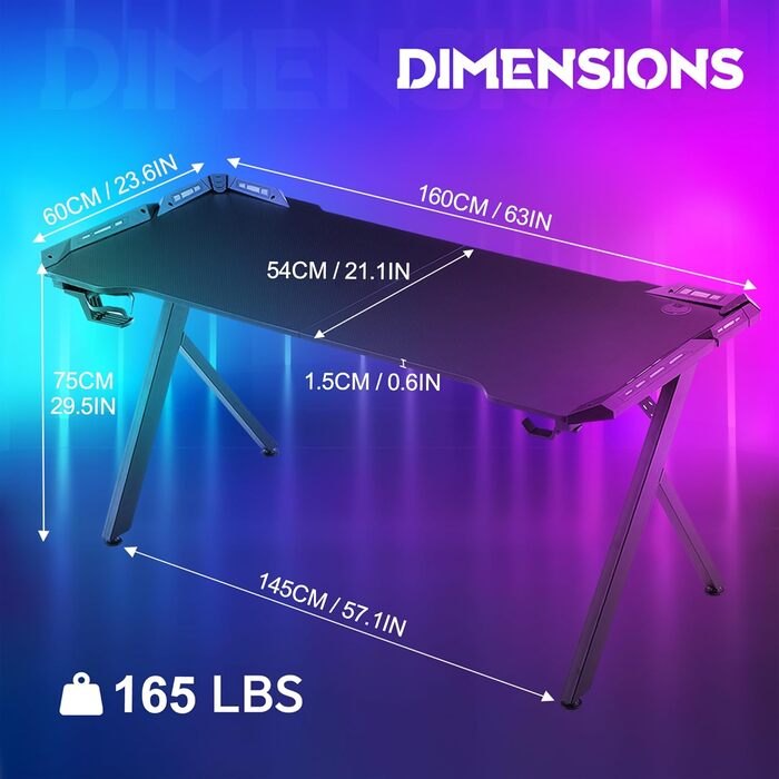 Ігровий стіл HENGMEI з підсвіткою 160x60x75 см, регульована висота, великий стіл для комп'ютера, чорний, Y-подібний каркас