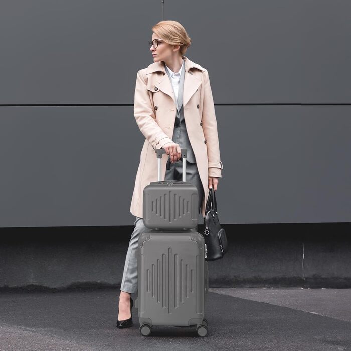 Набір валіз LALAHO 2 шт: велика та невелика, з косметичкою, з ABS пластику, телескопічний ручка, захист кутів, сірий