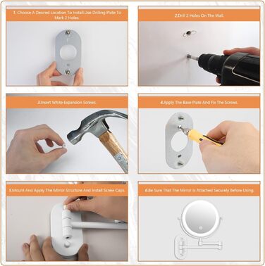 Дзеркало для макіяжу Auxmir з підсвічуванням, 1x, перезаряджуване, з підсвічуванням для гоління, настінне, з регулюванням яскравості, збільшувальне (30x), 3 кольори світла, поворотне на 360°, для ванної кімнати (білий)