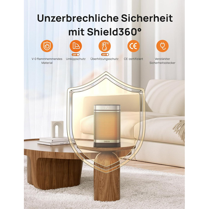 Електричний обігрівач Dreo з термостатом, 1500W, керамічний, тихий, з осциляцією, ECO-режим, таймер 12 годин, захист від перегріву та перекидання, срібний