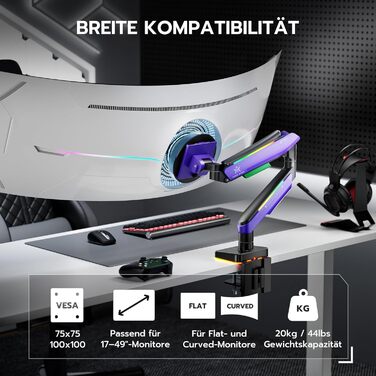 Кріплення для монітора ARES WING Gaming – для моніторів 17-49 дюймів, RGB, витримує до 20 кг, VESA 75/100 мм (фіолетовий)