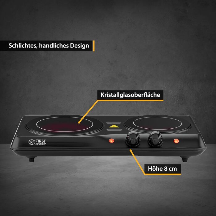 Перша інфрачервона керамічна плита TZS Austria Double ВСІ види горщиків Подвійна конфорка 19см / 16,5см Варильна поверхня для переїзду, кемпінгу, дачного будинку - швидкий нагрів і плавне регулювання подвійний Чорний