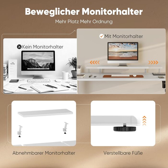 Регульований стіл Sweetcrispy з підставкою для монітора, електричний, ергономічний, стоячи/сидячи, комп'ютерний, vintage, білий, 120 x 60 см