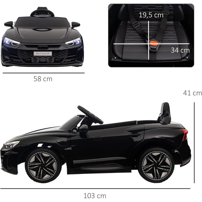 Дитячий електромобіль HOMCOM Audi RS e-tron GT з пультом, ременем безпеки, звуком, музикою та фарами, чорний, для дітей 3-5 років, швидкість до 5 км/год