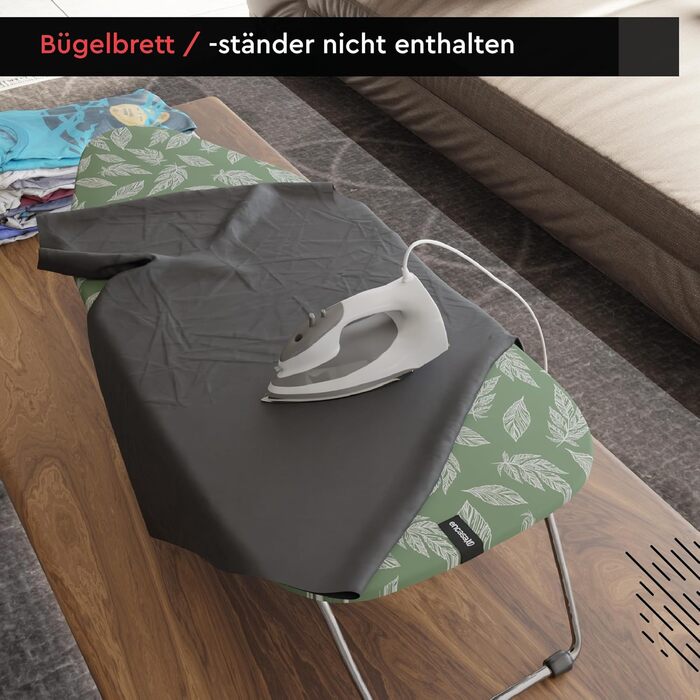 Чохол для гладильної дошки Encasa XO з фетровою підкладкою 3 мм, посиленням шнуром (підходить для стандартних міні-гладильних дошок 72x30 см), з терморефлексним покриттям, з принтом - Велике листя зелене, для міні-гладильних дошок