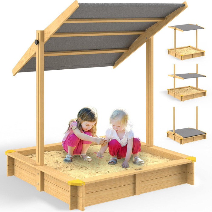 Дитячий дерев'яний пісочниця з сонцезахистом UV 50+, 140x140x120 см, захист країв, просочене дерево, з іграшками, Samu