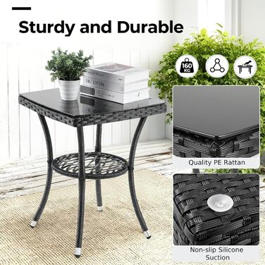 Набір меблів для балкона LIFERUN 3 шт. з ротангу, подушками та склом, чорний