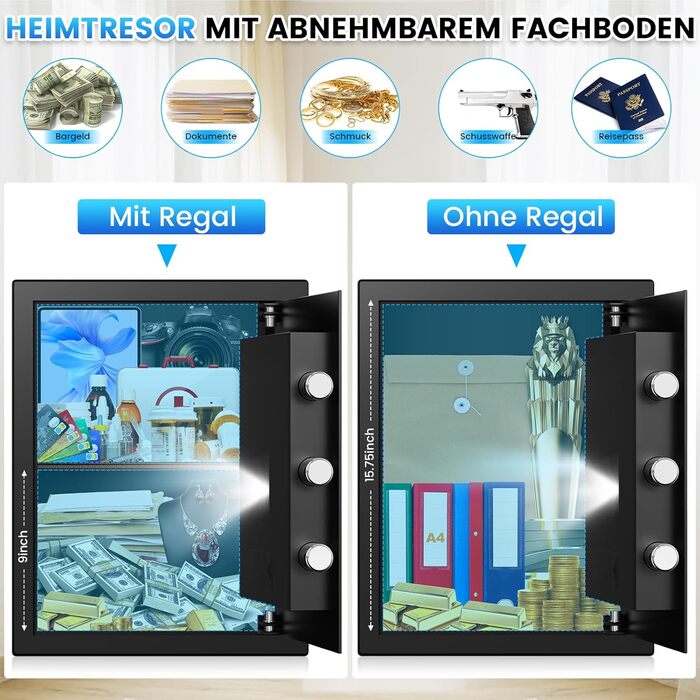 Великий сейф 50л для дому: вогнестійкий, водонепроникний, з ключем та кодовою панеллю. Сейф для зберігання золота, прикрас, документів. Сейф для меблів з інтелектуальною системою сигналізації, настінний сейф.