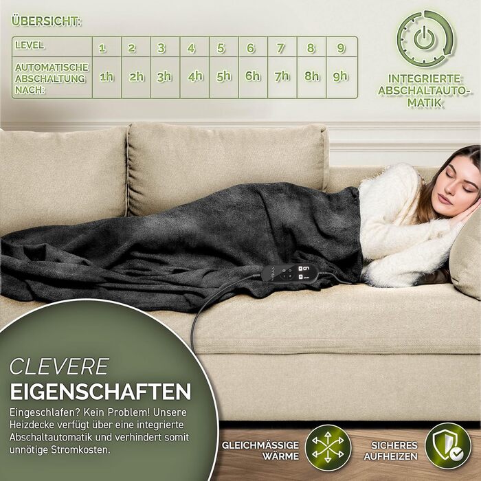 Електрична гріюча ковдра з плюшем | Автоматичне вимкнення | Тепла ковдра з таймером | 9 температурних режимів | Можна прати до 40°C | Цифровий дисплей (200 x 180 см, Чорний)