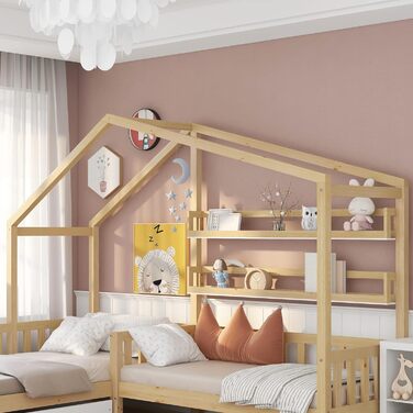 Ліжко Merax house з ящиками і полицями, дитяче ліжечко 90х200 см і 140х70см, ігрове ліжко з масиву дерева з огорожею і рейковою основою, L-подібна конструкція, для 2-х дитячих двоспальне ліжко, натуральне