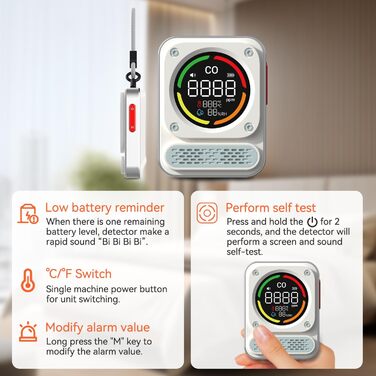 Портативний детектор чадного газу 3-в-1 з перезаряджаємою батареєю, сенсор на 10 років, 200 годин роботи для подорожей, кемпінгу, намету, автодому, дому, кухні