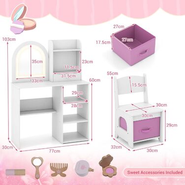 Дитячий туалетний столик LIFEZEAL 2 в 1 з дзеркалом та пуфом, з шухлядою, для дівчаток від 3 років (білий)