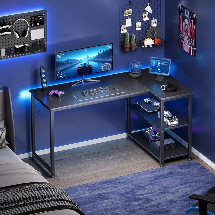 Ігровий стіл Coleshome 120x70 см, кутовий, з відкидною полицею, чорний