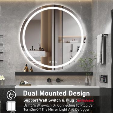 Дзеркало для ванної кімнати з підсвічуванням, 60 см, кругле, з антизапарюючим покриттям, регульоване, 3 кольори світла (80x80 см)