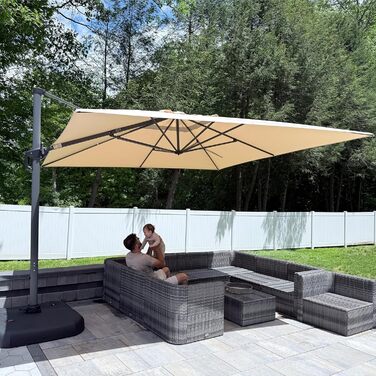 Парасолька від сонця PURPLE LEAF 350x350 см, велика садова парасолька-амбрела з рукою-користувачем, поворотом на 360° та хрестовиною, бежева, для тераси та балкона