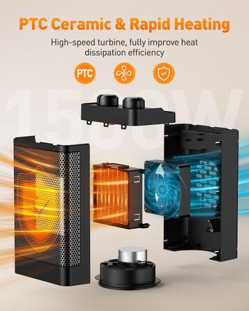 Електричний обігрівач з керамічним нагрівачем, 1500 Вт, 3 режими, осциляція 70°, захист від перекидання, тихий обігрівач для офісу, вітальні, спальні