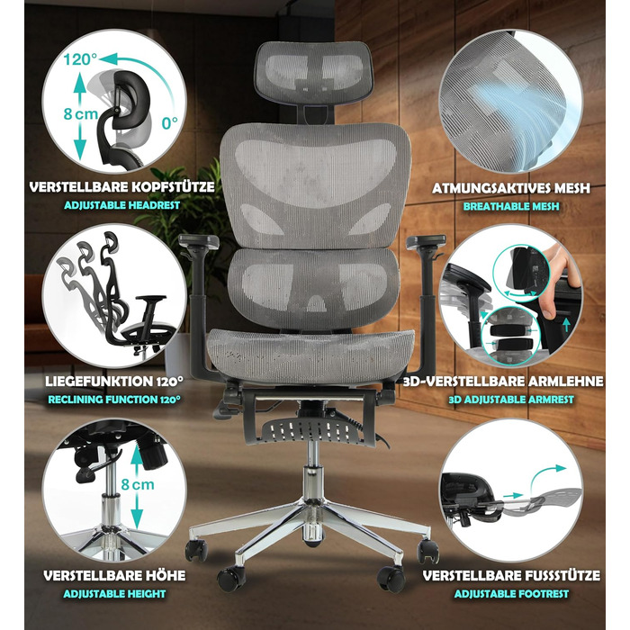 Офісне крісло Sesto Senso K80G Grey - ергономічне, з підніжкою, регульованою спинкою та підлокітниками