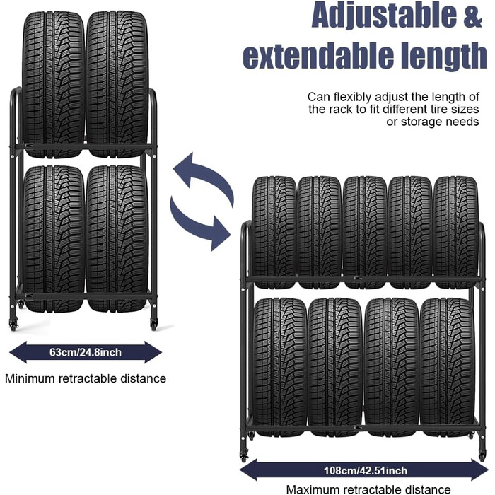 Стійка для шин BAOYOUNI на 4 шини/диски, 2 яруси, регульована, на колесах, для гаража, складу, майстерні, 57,2 x 37,3 x 114,6 см