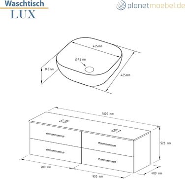 Набір меблів для ванної кімнати Planetmöbel LUX: тумба під раковину 120 см, раковина накладка 42 см, дзеркало 50 см (без LED), тумба під раковину Дуб Золотий/Антрацит (з двома раковинами 42 см, ширина тумби 180 см)