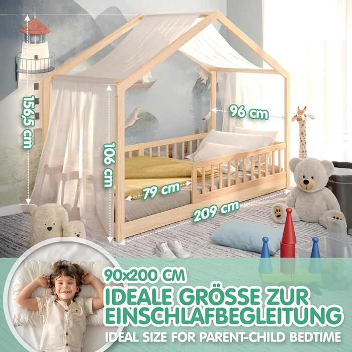 CADANI Мальте - ліжко-будиночок для дітей 120x200 см, біле, Montessori з бортиками, трансформується, з ламелями, до 200 кг, білий (90 x 200 см, натуральний)