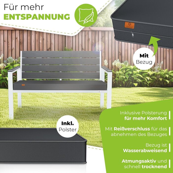 Лавочка для саду KESSER® з подушками – вулична лавочка, 2 місця, для тераси, балкону, саду, парку, міцна, до 300 кг, стійка до УФ, знімний чохол подушки (антрацит/білий)