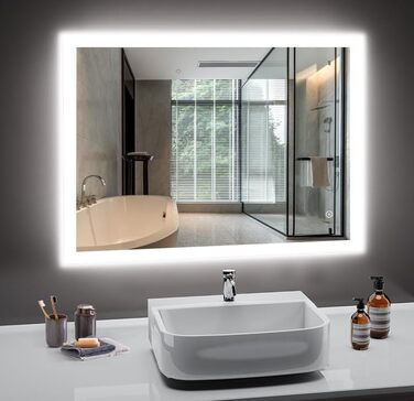 LED дзеркало для ванної кімнати 80x60 см з підсвічуванням, 3 кольори світла, регулювання яскравості, антизапарник, сенсорне керування, пам'ять, IP44, вологостійке, 6500K