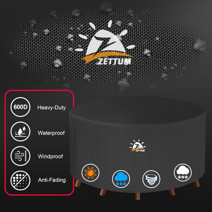 Чохол для садово-патіо меблів Zettum, Ø281 x 73 см, 600D Oxford, водонепроникний, захисна накривка для садового столу та комплектів меблів