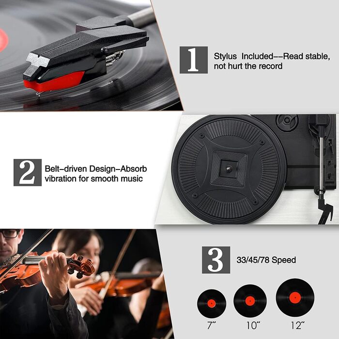 Вініловий програвач Udreamer з Bluetooth, вбудованими динаміками, ремінним приводом, 3 швидкості, ретро-стиль, білий, для музики та декору