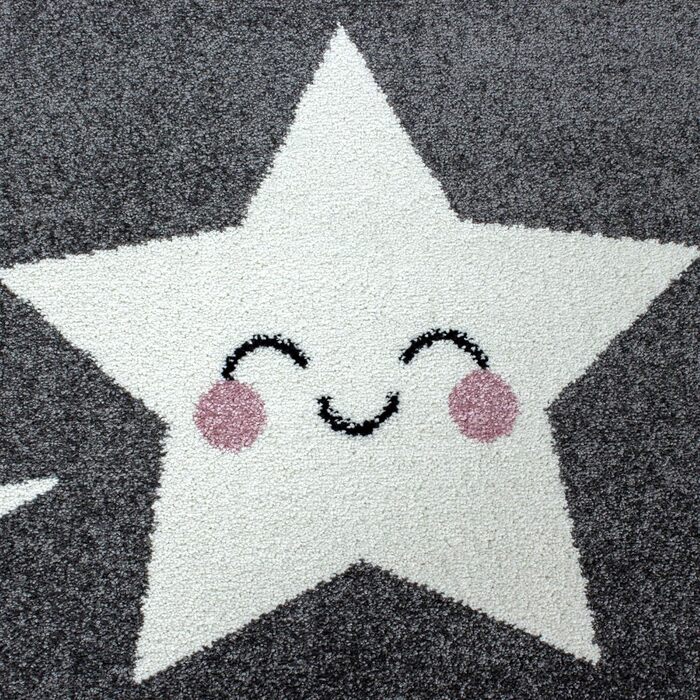 Дитячий килим з коротким ворсом Усміхнена зірка Дизайн дитячої кімнати Дитяча кімната Ігрова кімната 11 мм Висота ворсу М'яка прямокутна кругла доріжка Розмір (80 х 150 см, сірий)