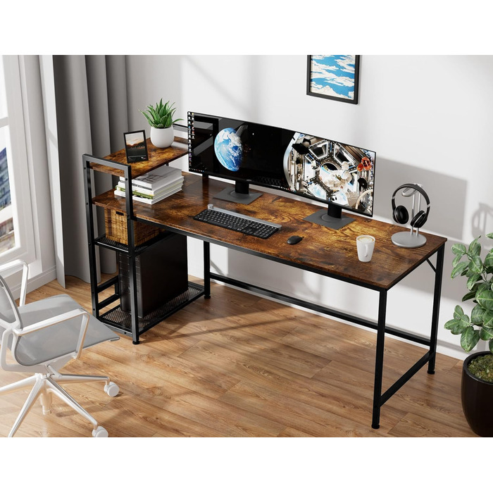 Комп'ютерний стіл з книжковою шафою, Письмовий стіл, Стіл для ноутбука, Полиця з 4 полицями, Дім, Офіс, Спальня, 160 x 60 x 110 см (Вінтаж, 160x110x60 см)