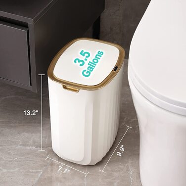 Водонепроникний сміттєвий бак ELPHECO з датчиком руху, об'ємом 1,9 л, з кришкою, Автоматичний сміттєвий бак для ванної кімнати, вітальні ,офісу (білий із золотою окантовкою)