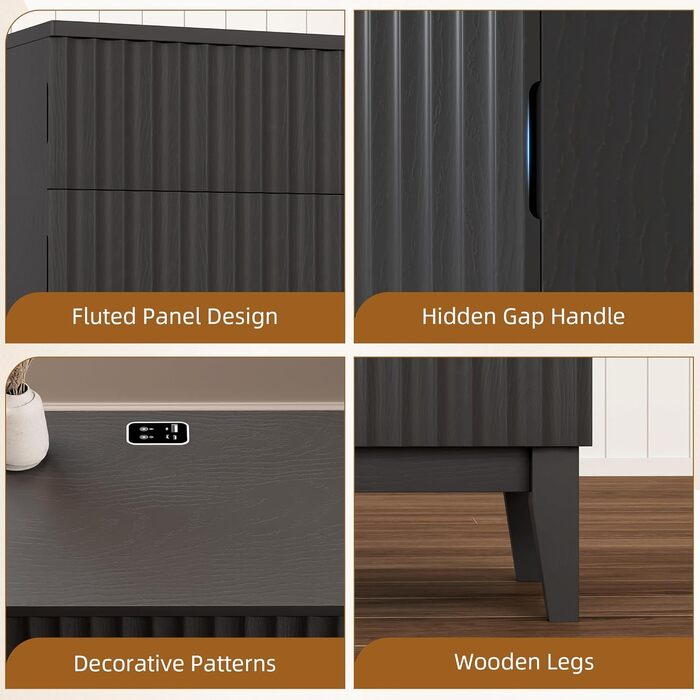 LED тумбочка Gurexl з зарядкою та 3 шухлядами, дерев'яна, з USB та Type-C, з датчиком руху, для спальні, вітальні, офісу, чорна